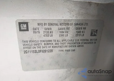 2015 Chevrolet Impala 1Lt из США, поврежденный, VIN 2G1115SL0F9281228